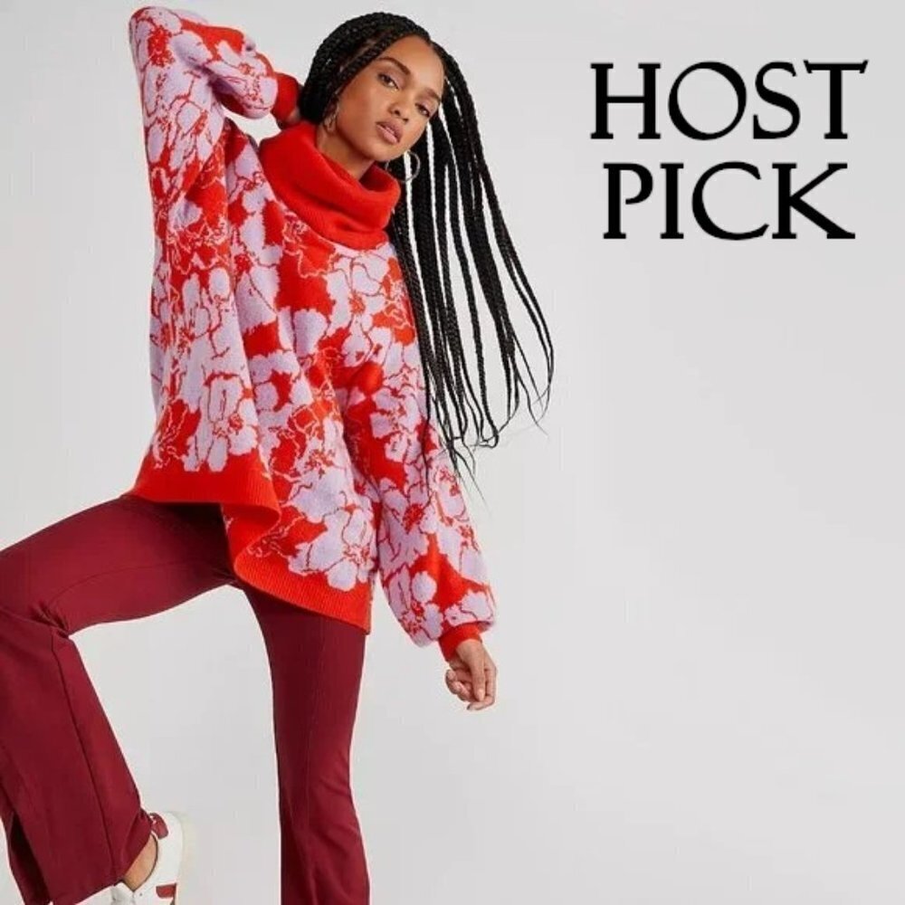 NWT Free People cashmere daisy graphic orange lilac turtleneck sweater, M